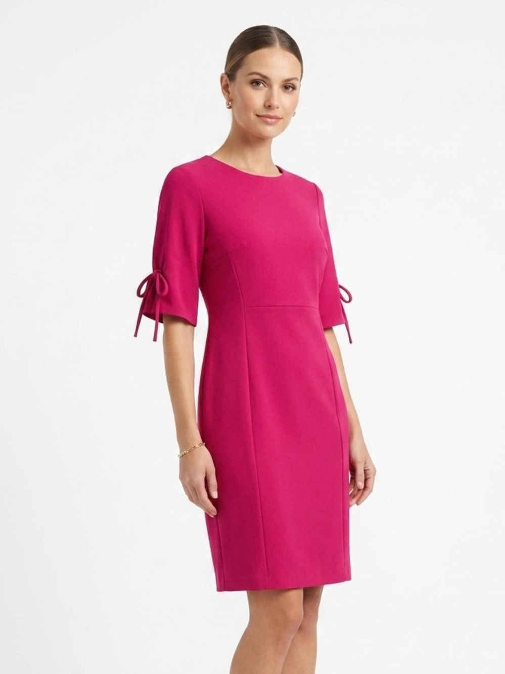 Connected Apparel,  Fuchsia Sheath Dress with Tie Sleeves - M